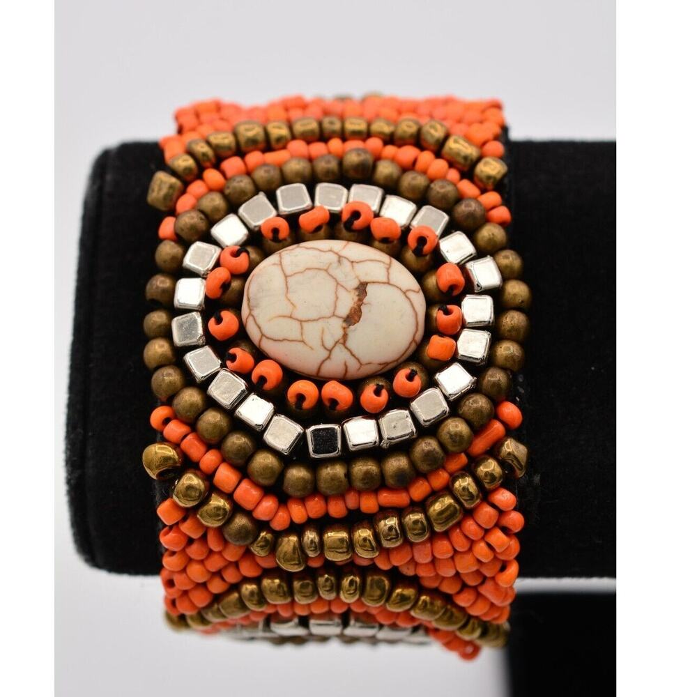 Vintage Beaded Bracelet Orange Bronze Silver Black Fabric Chunky 1990s Bin4